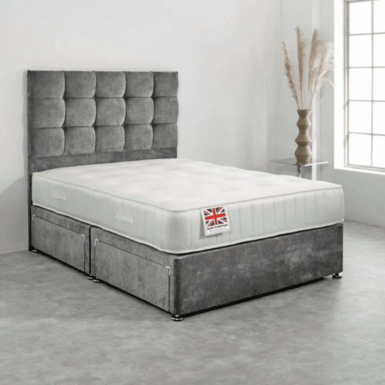 Small Double Divan Bed Set with Diamond Studded Cube Headboard UK - Side view of premium divan from CESS Furniture UK